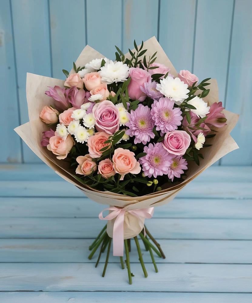 Букет цветов из: Хризантемы, Розы и Альстромерии в Ульянино