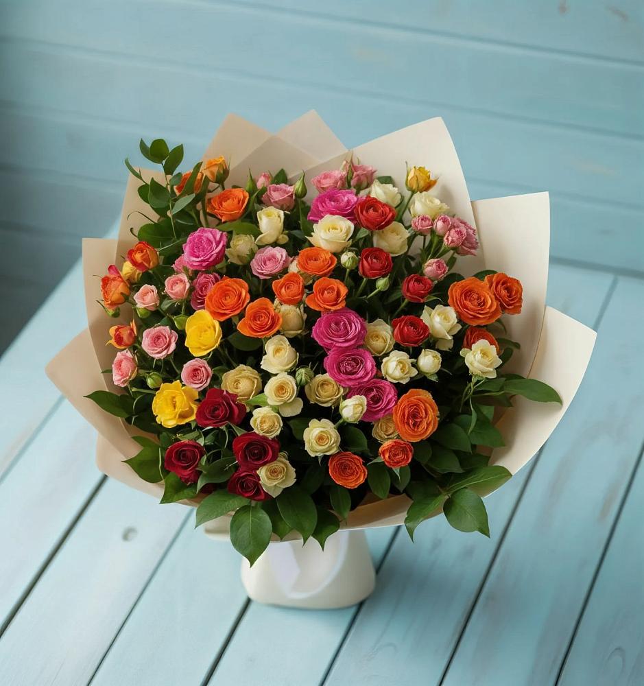 Букет Микс из разноцветных кустовых роз в Ульянино