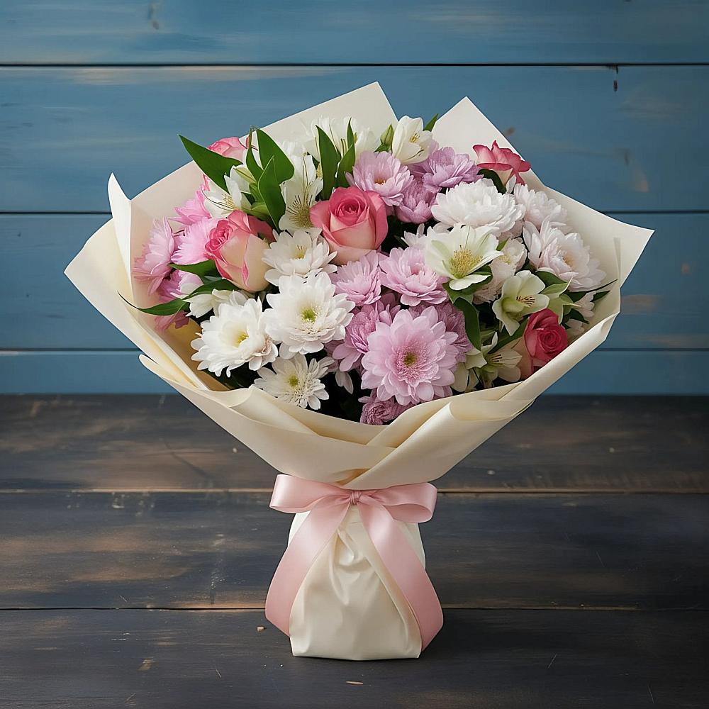 Букет цветов из: Хризантемы, Альстромерии и Розы в Ульянино